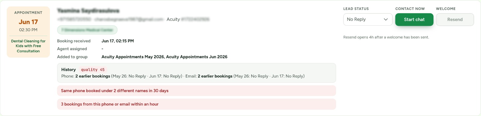 A flagged lead: same phone, different names, repeated bookings within an hour