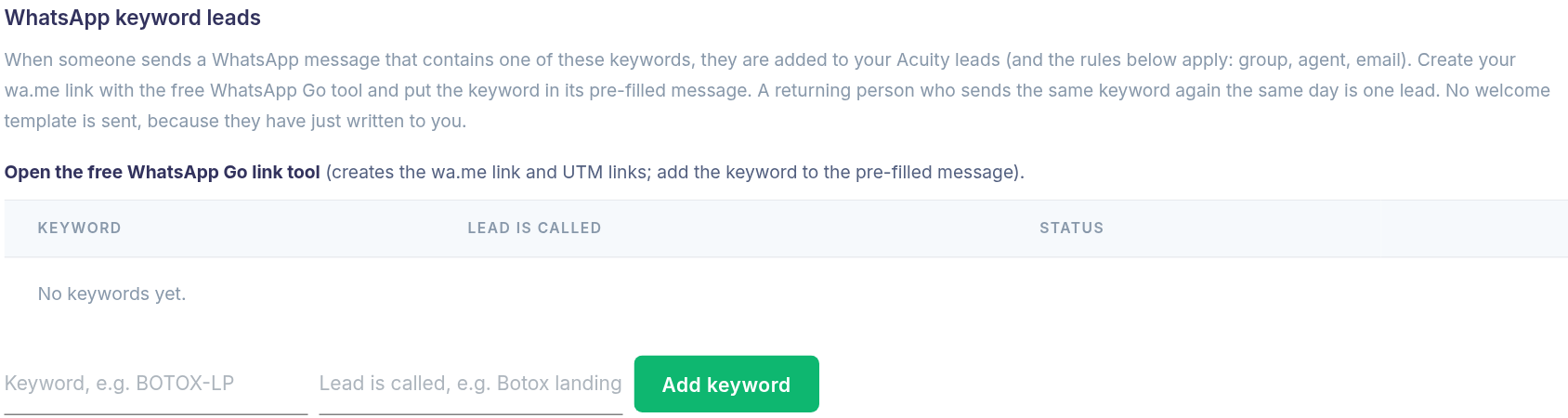 Register a keyword once: every WhatsApp tap that contains it becomes a tracked lead