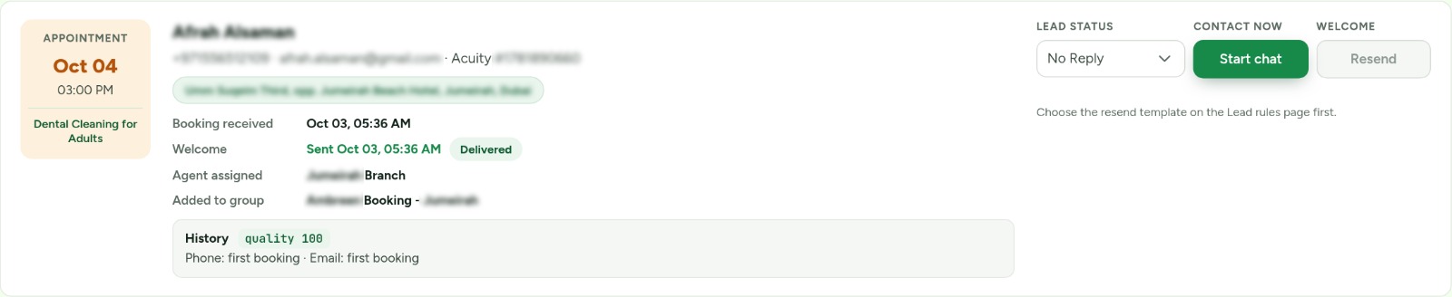 Delivered, with the booking history checked automatically
